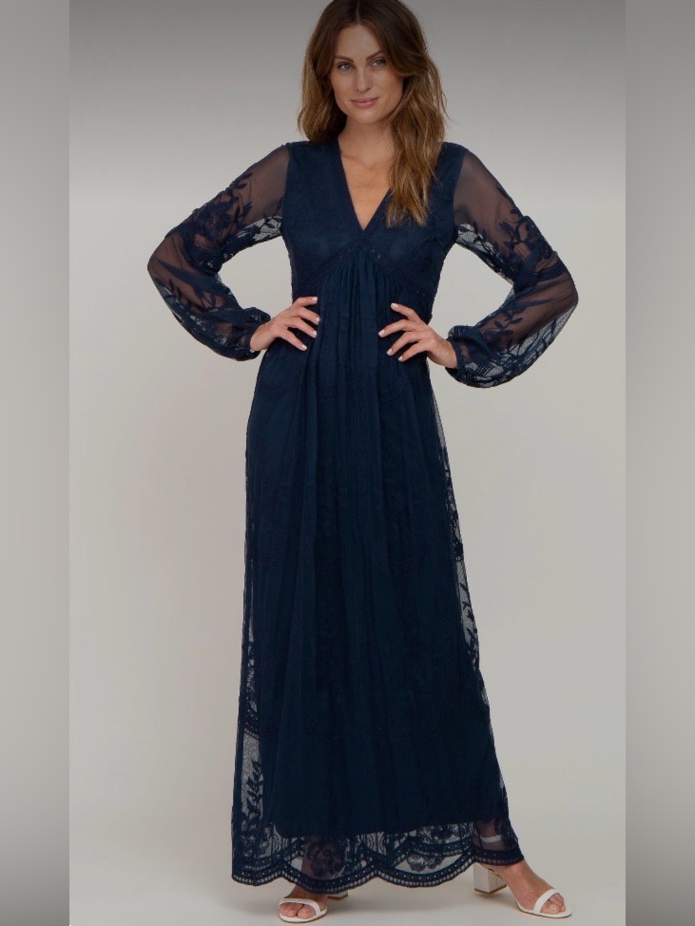 Pinkblush Navy Lace Mesh Overlay Long Sleeve Maternity Maxi Dress